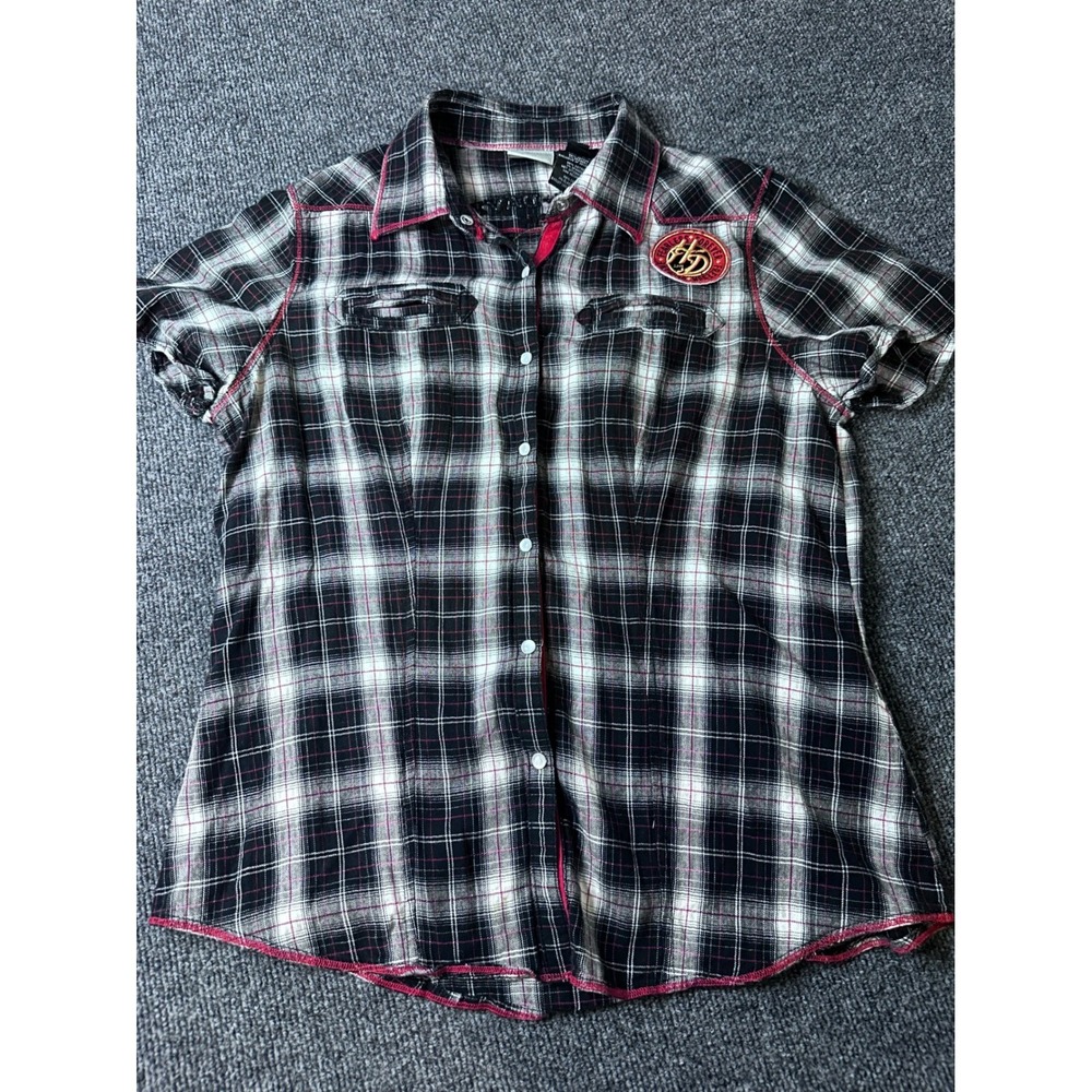 Harley-Davidson Womens Medium Black Pink Plaid Embroidered Biker Button Up Shirt